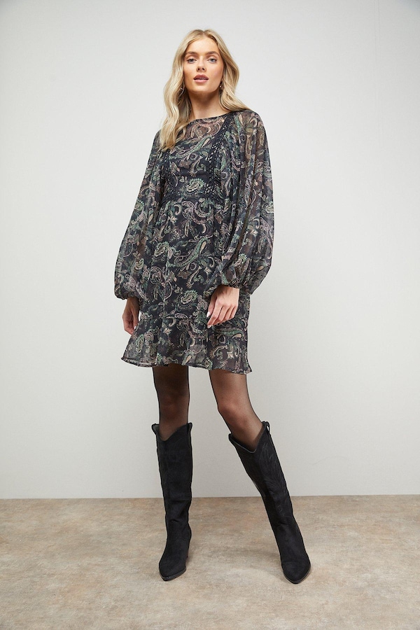 Oasis Printed Trim Detail Batwing Mini Dress Multi