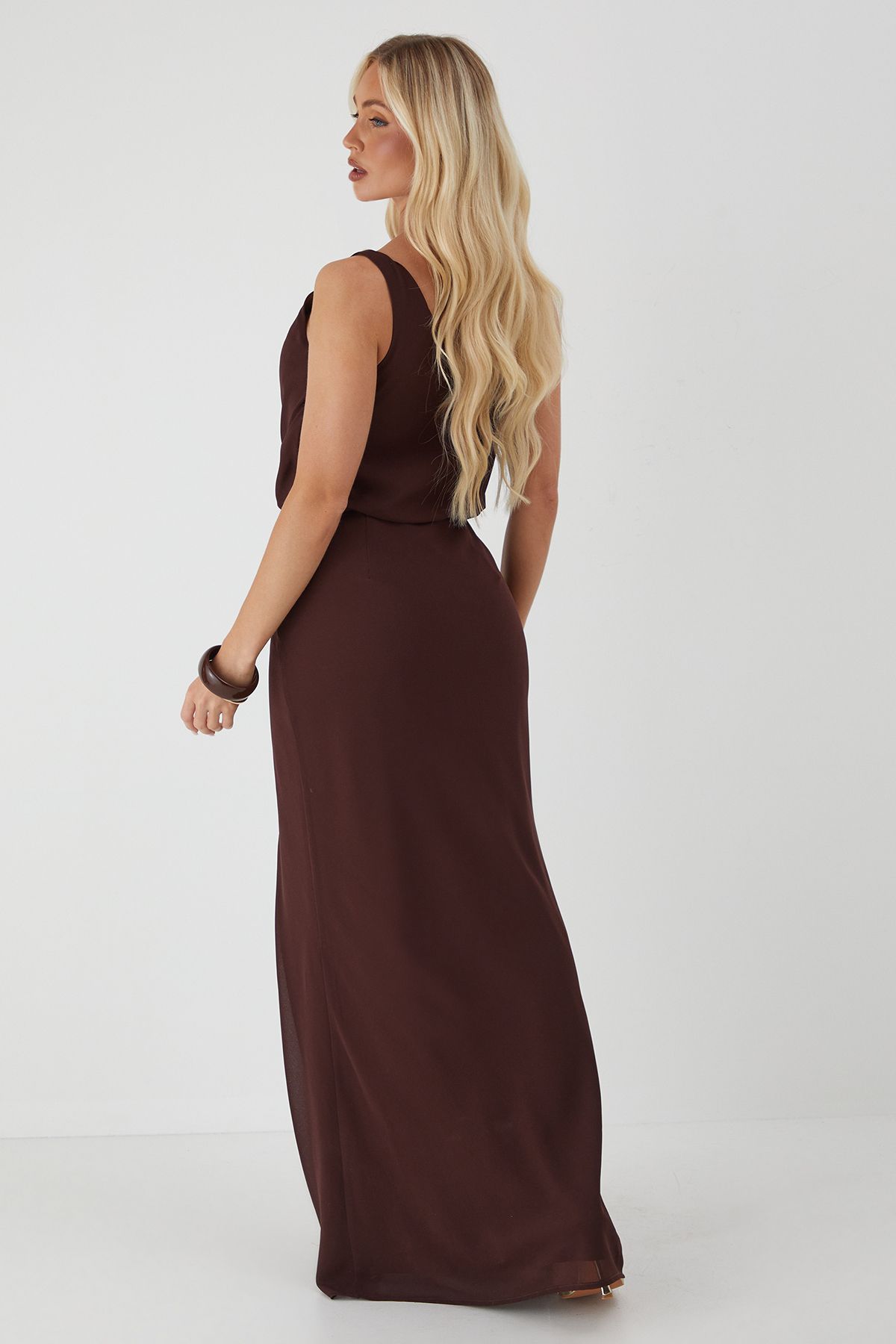 MissPap Shell Trim Asymmetric Cowl Maxi Dress Chocolate image 3