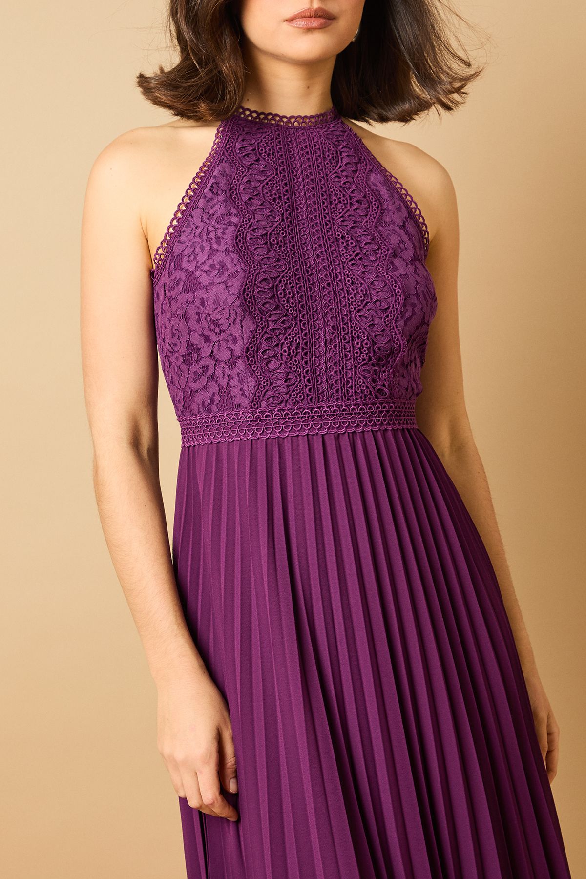 Oasis Plain Lace Mix Halterneck Midi Dress Purple image 5