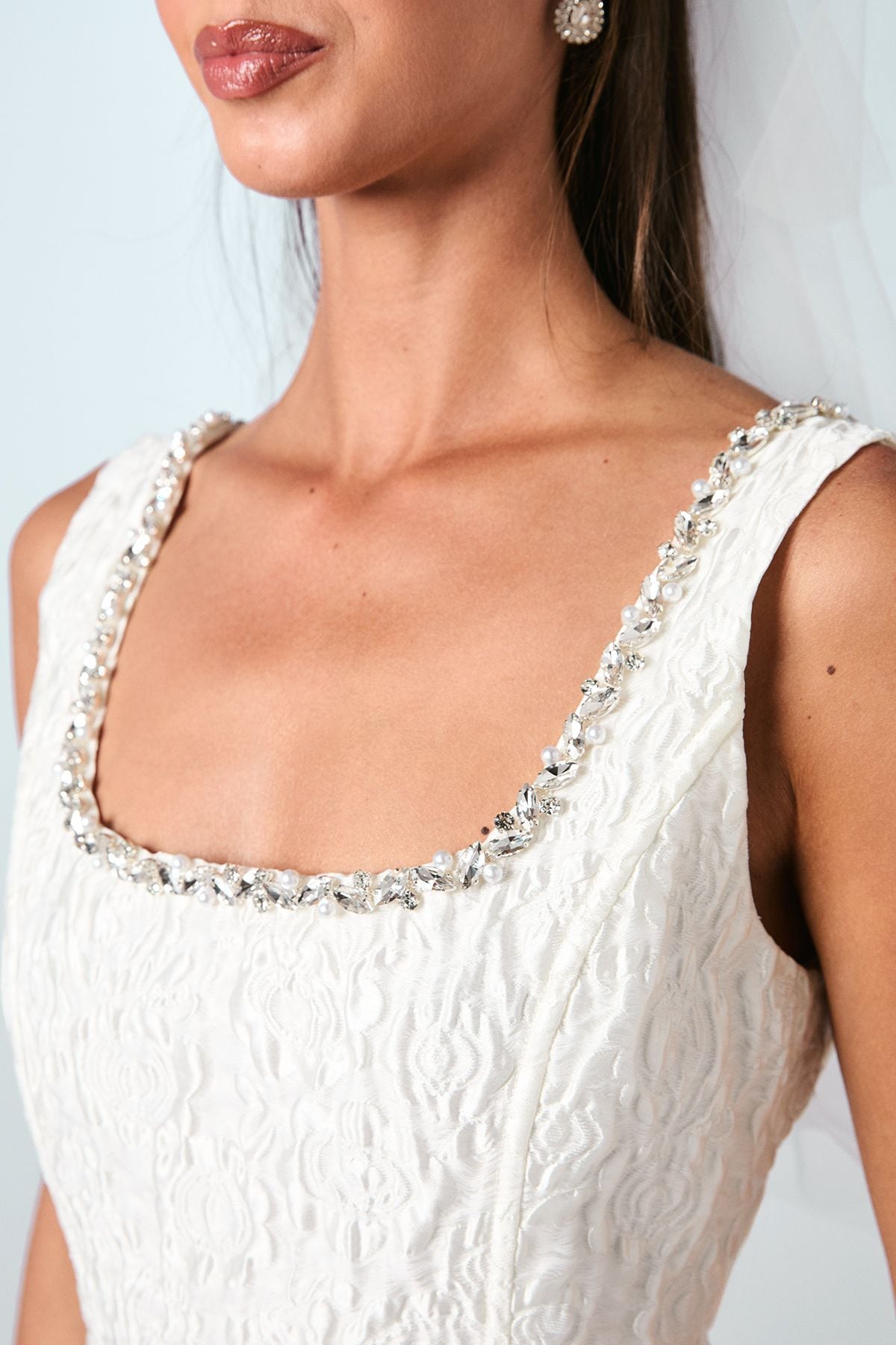 Coast Jacquard Full Skirted Mini Dress With Jewel Trim Ivory image 5