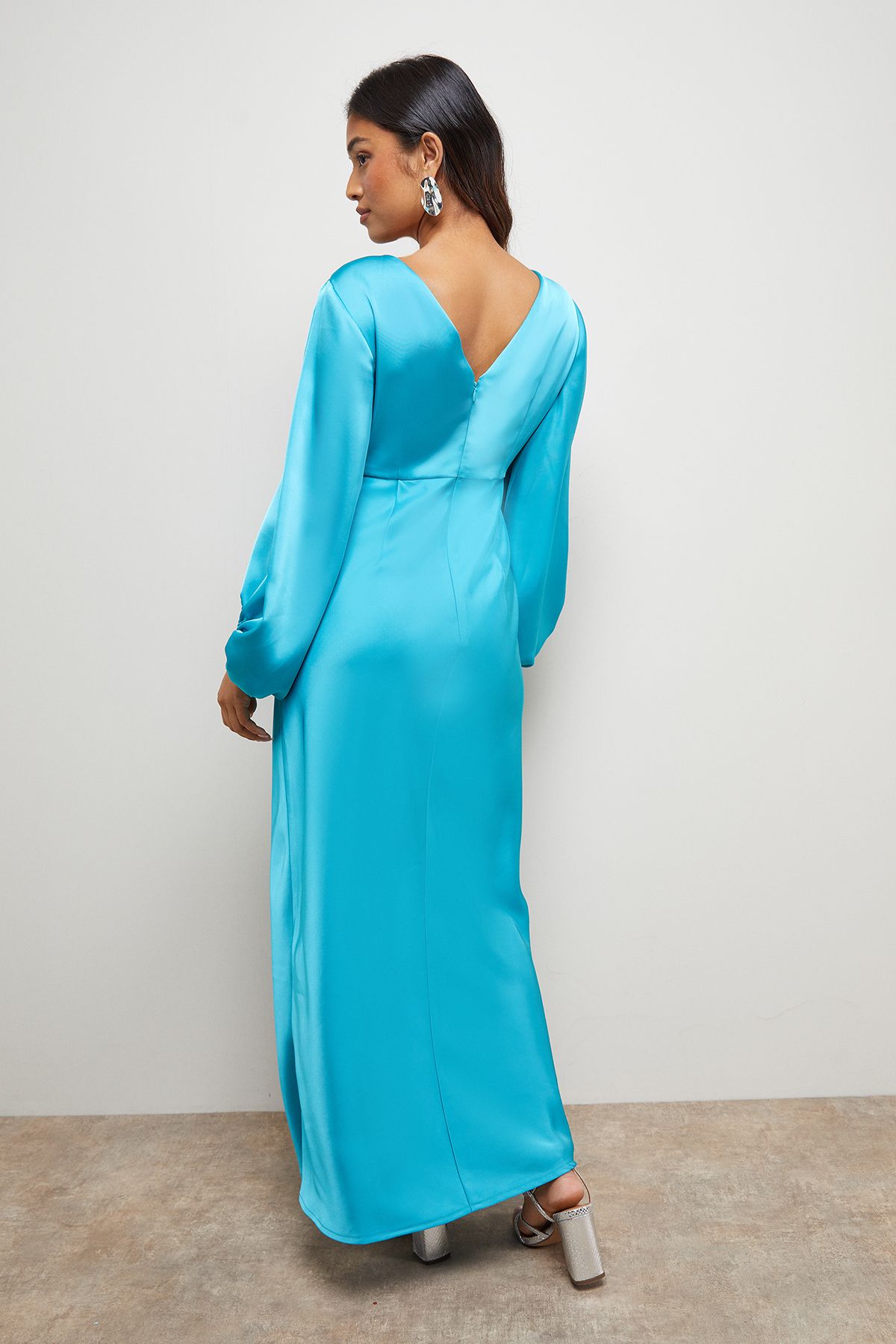 Oasis Petite Satin Boho Sleeve Crew Neck Bias Midi Dress Aqua image 3