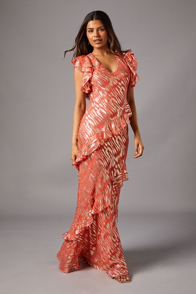 Coast Petite Metallic Jacquard Frill Midi Dress Peach