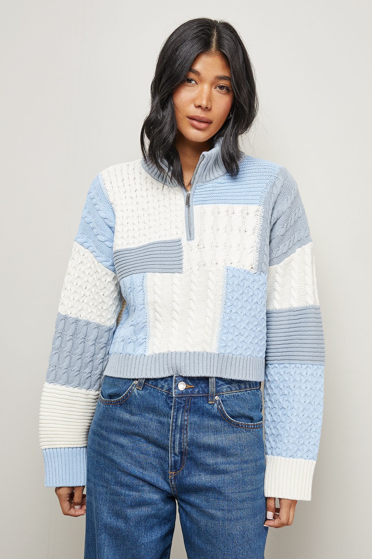 Warehouse Patchwork Crop Cable Jumper Neutral image 1