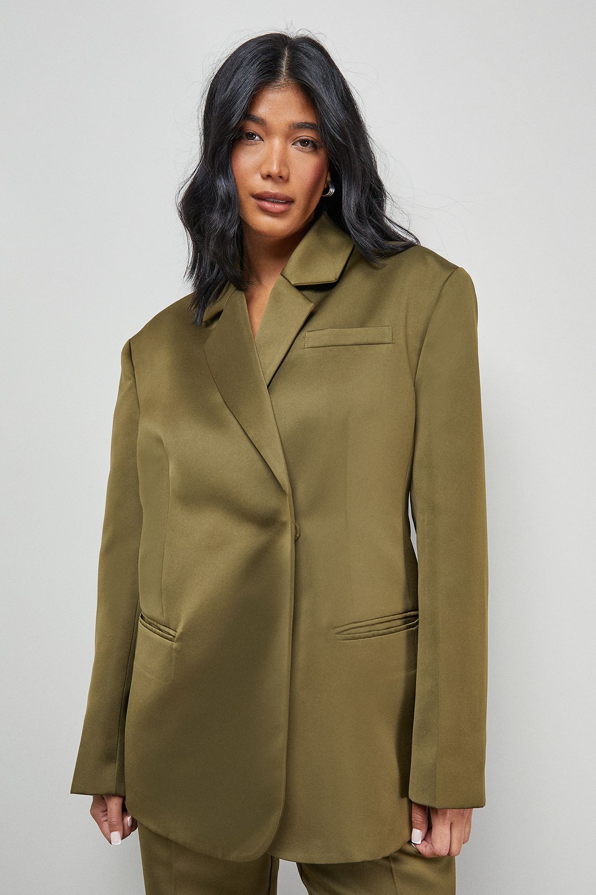 Warehouse Premium Satin Oversized Blazer Co-ord Olive image 1