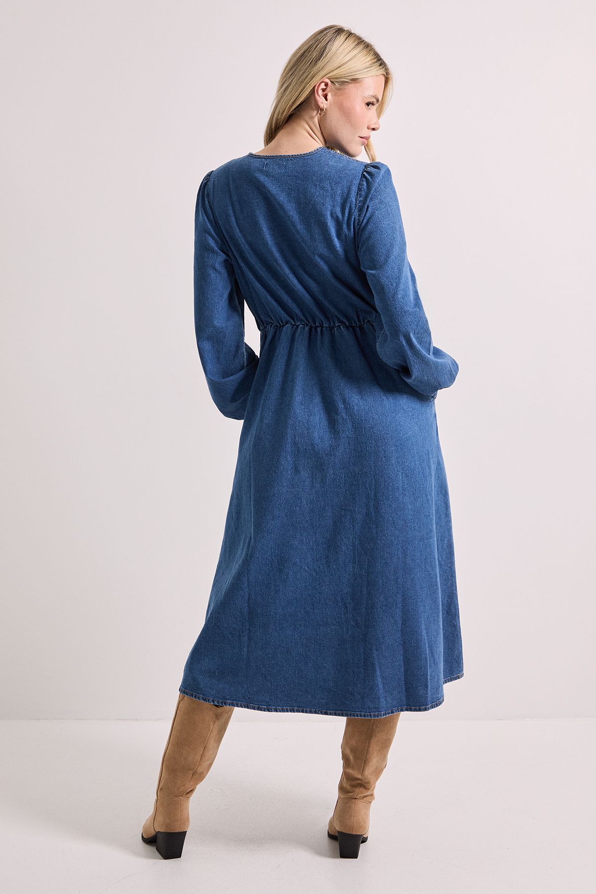 Dorothy Perkins Bow Front Blouson Sleeve Denim Midi Dress Mid Wash image 3