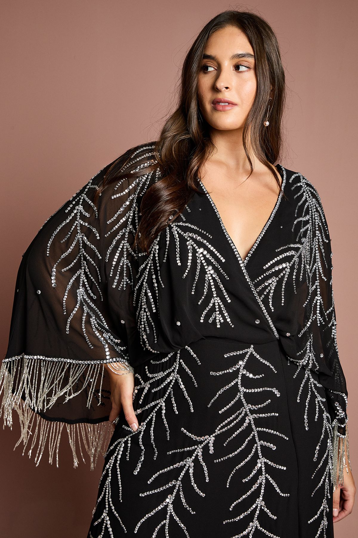 Coast Plus Size Feather Embellished Fringe Kimono Sleeve Midi Dress Black image 4