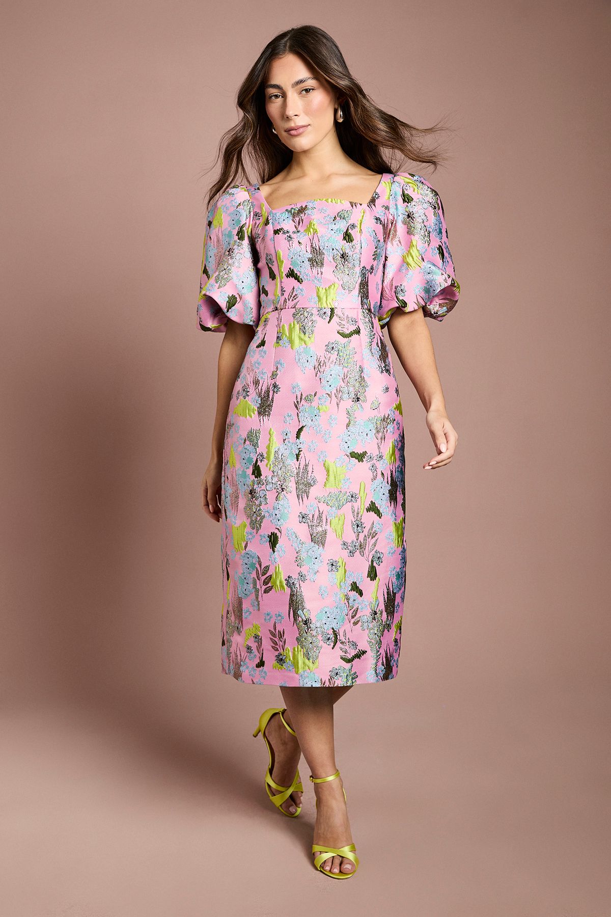 Coast Jacquard Puff Sleeve Square Neck Pencil Dress Pink