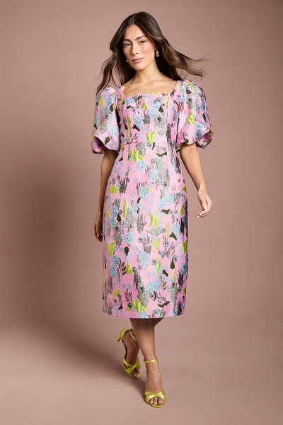 Coast Jacquard Puff Sleeve Square Neck Pencil Dress Pink