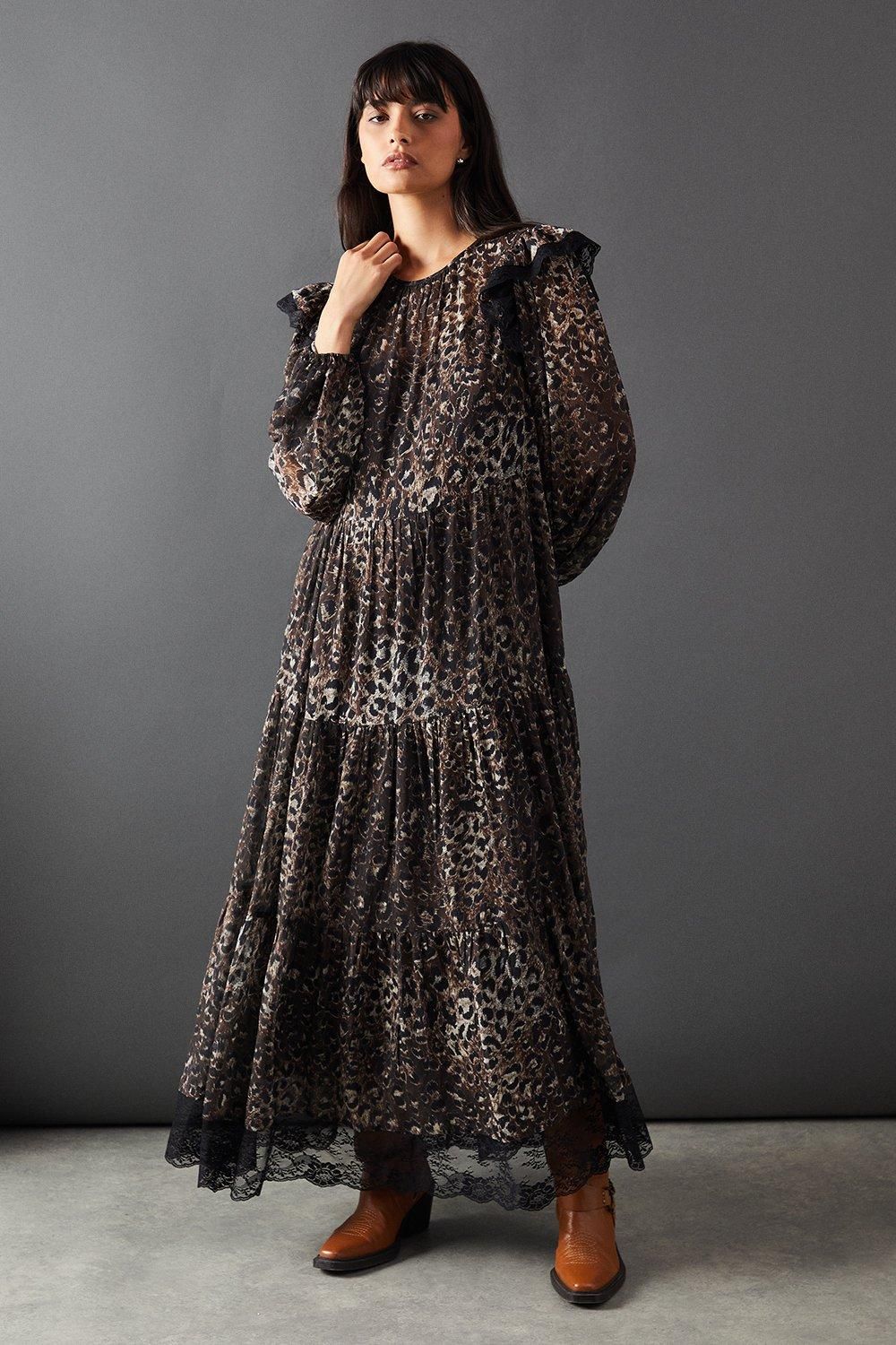 Warehouse Print Burnout Jacquard Lace Insert Tier Smock Midi Dress Animal image 4