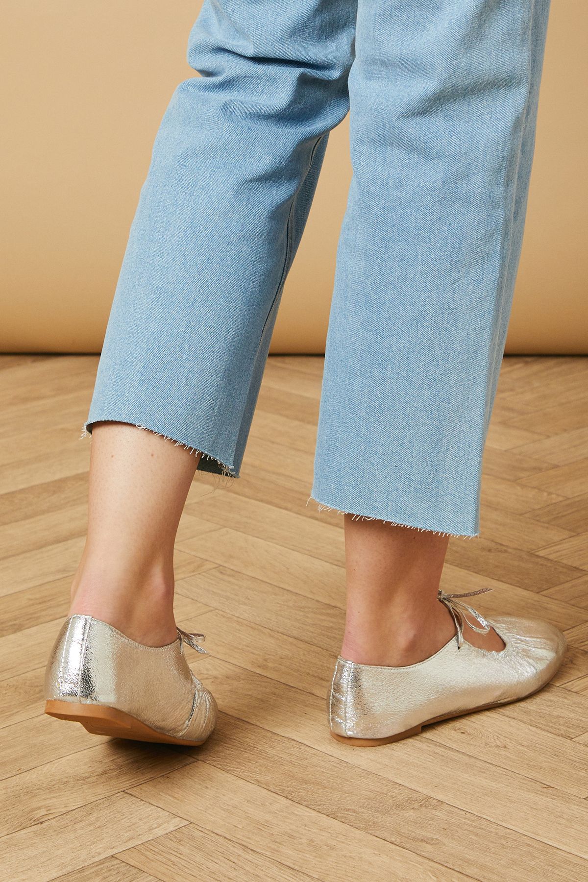 Oasis Elizabeth Faux Leather Lace Up Detail Flat Ballet Pumps Silver image 4