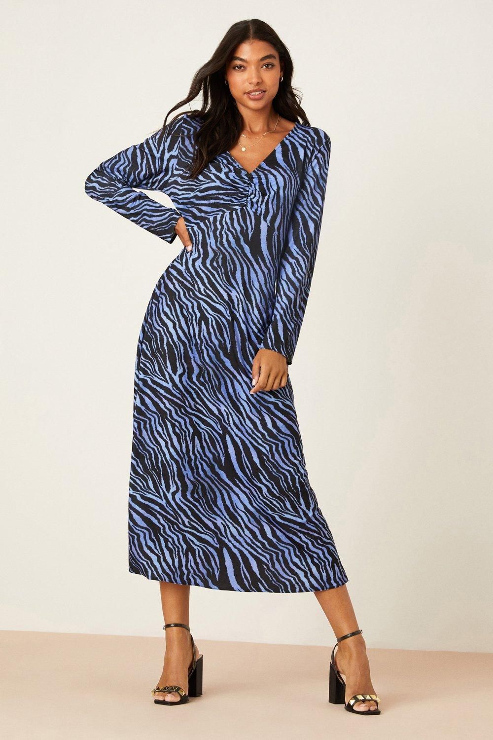 Dorothy Perkins Blue Zebra Ruched Front Midi Dress Blue image 2