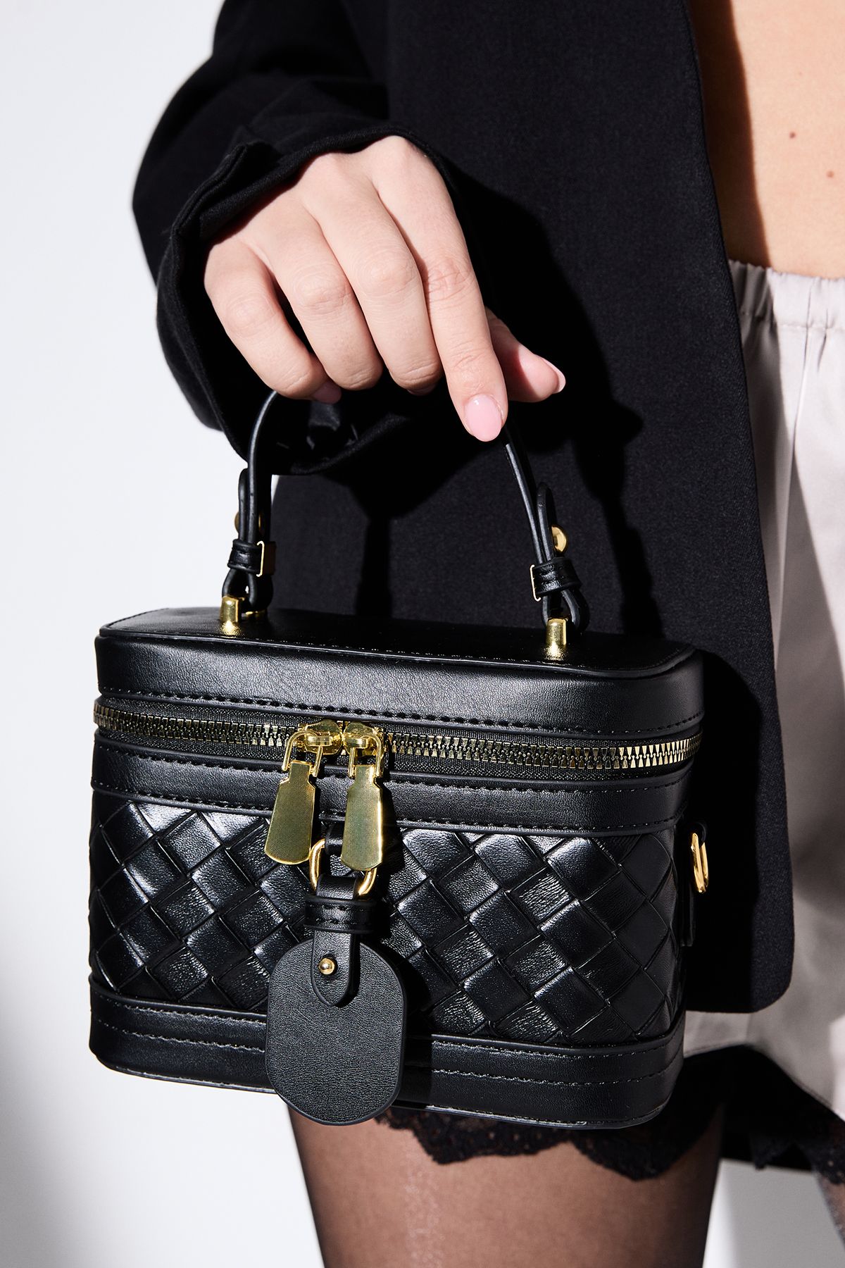 MissPap Faux Leather Quilted Vanity Bag With Crossbody Strap Black image 2