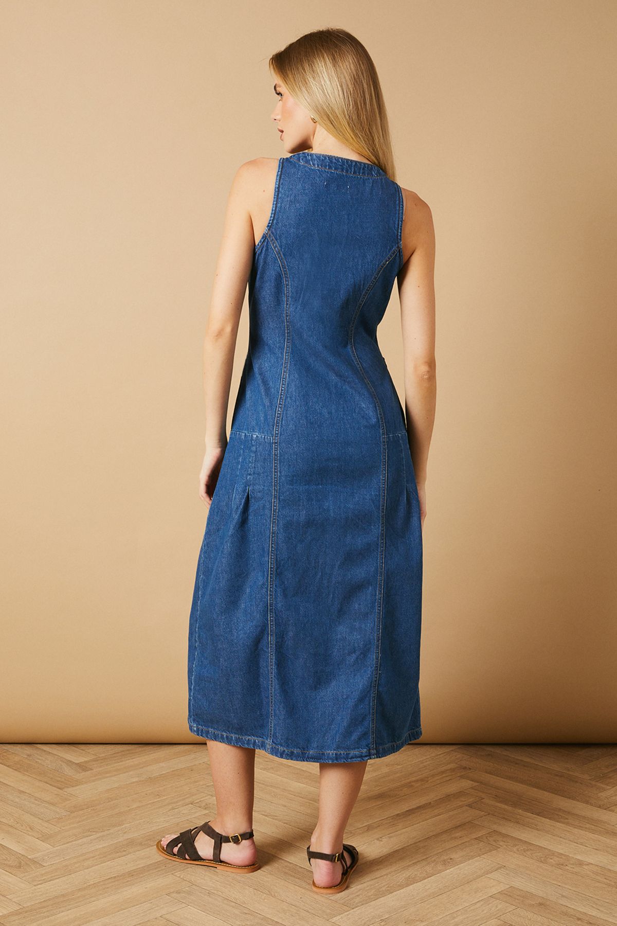 Oasis Flap Pocket Drop Waist Seam Midi Dress Dark Wash image 3
