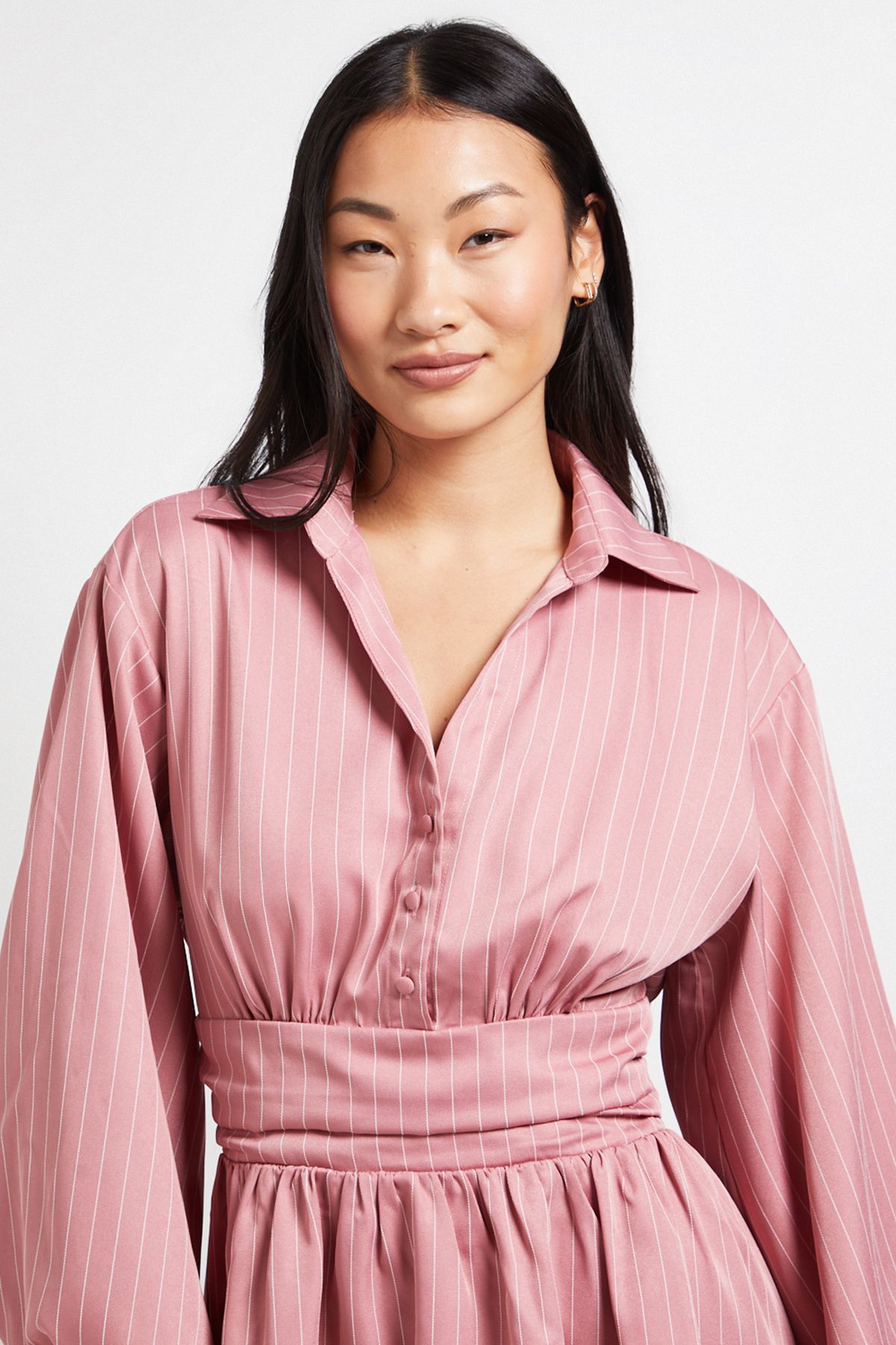 Dorothy Perkins Petite Pinstripe Collar Detail Gathered Waist Mini Dress Pink image 4