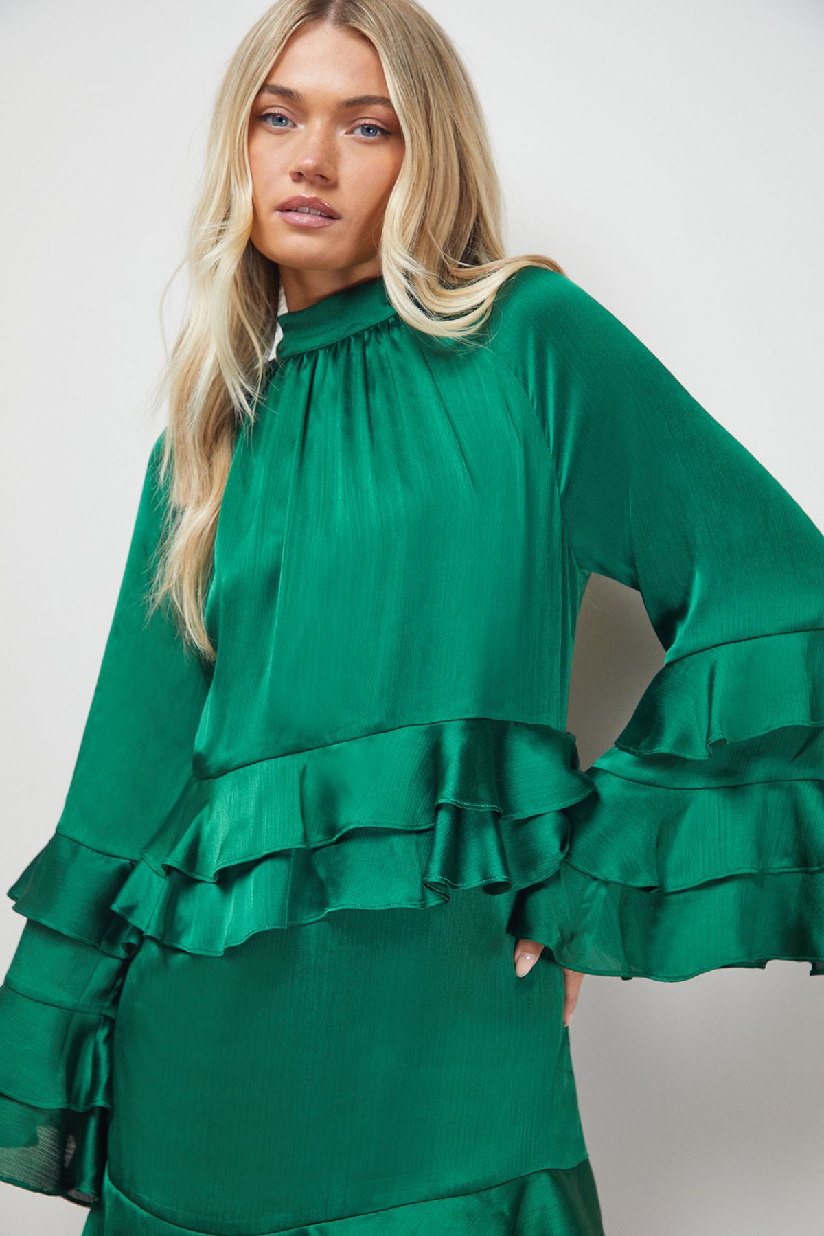 Oasis Layered Ruffle Sleeve Bow Back Mini Dress Forest image 4