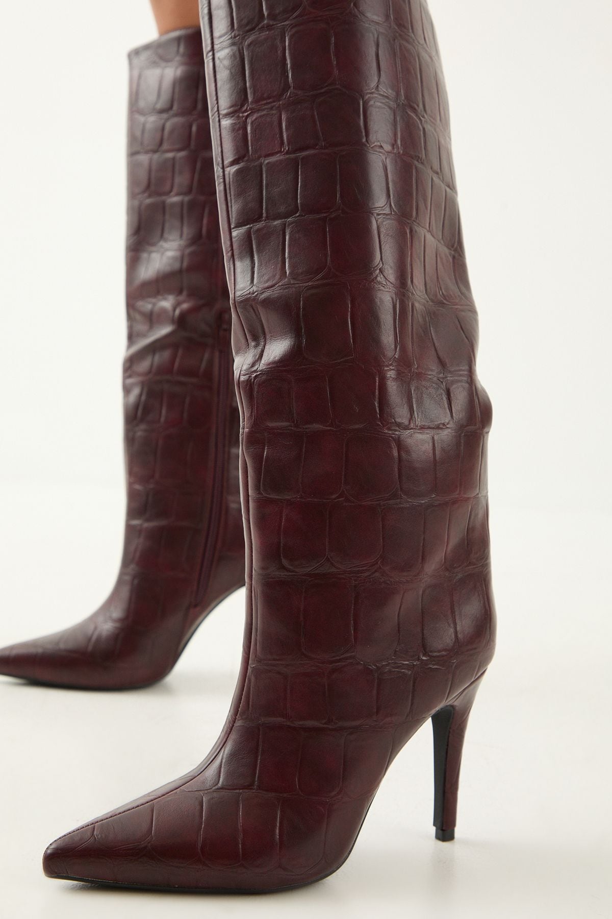 MissPap Faux Croc Print Leather Pointed High Stiletto Knee Boots Burgundy image 4
