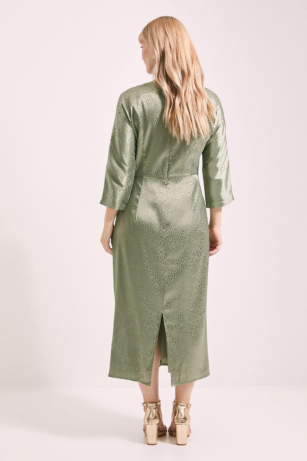 Principles Buckle Detail Twist Front Satin Jacquard Midi Dress Olive image 3