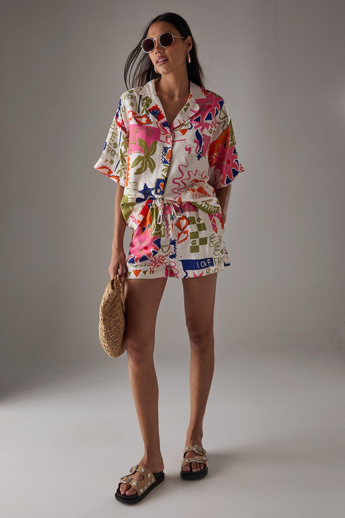 Warehouse HCD Postcard Print Boxy Oversized Shirt Multi image 2