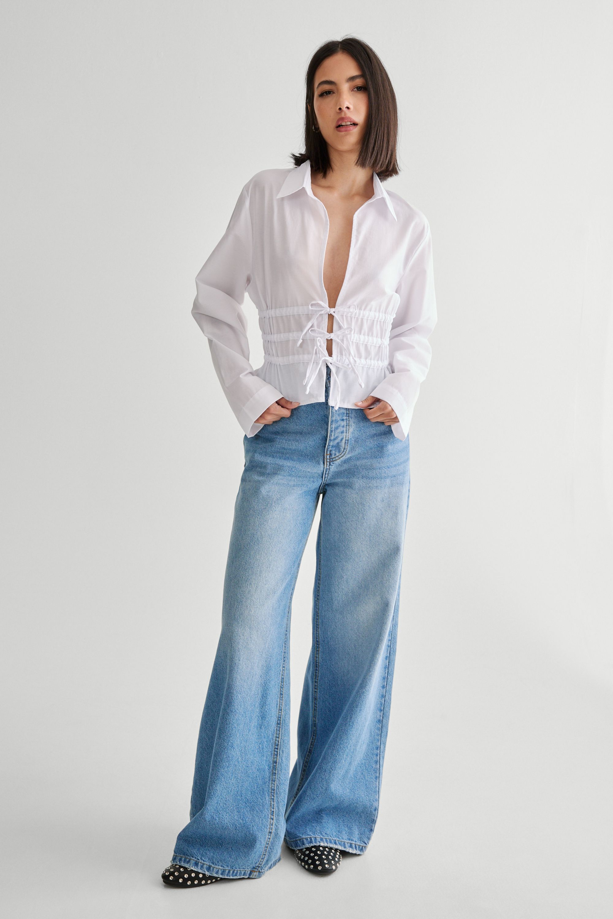 NastyGal Tie Front Long Sleeve Shirt White image 2