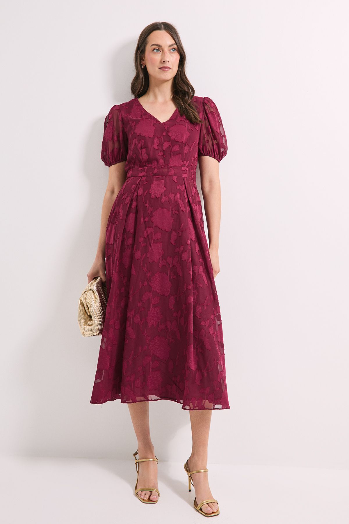 Principles Floral Jacquard Puff Sleeve Midi Dress Wine image 1