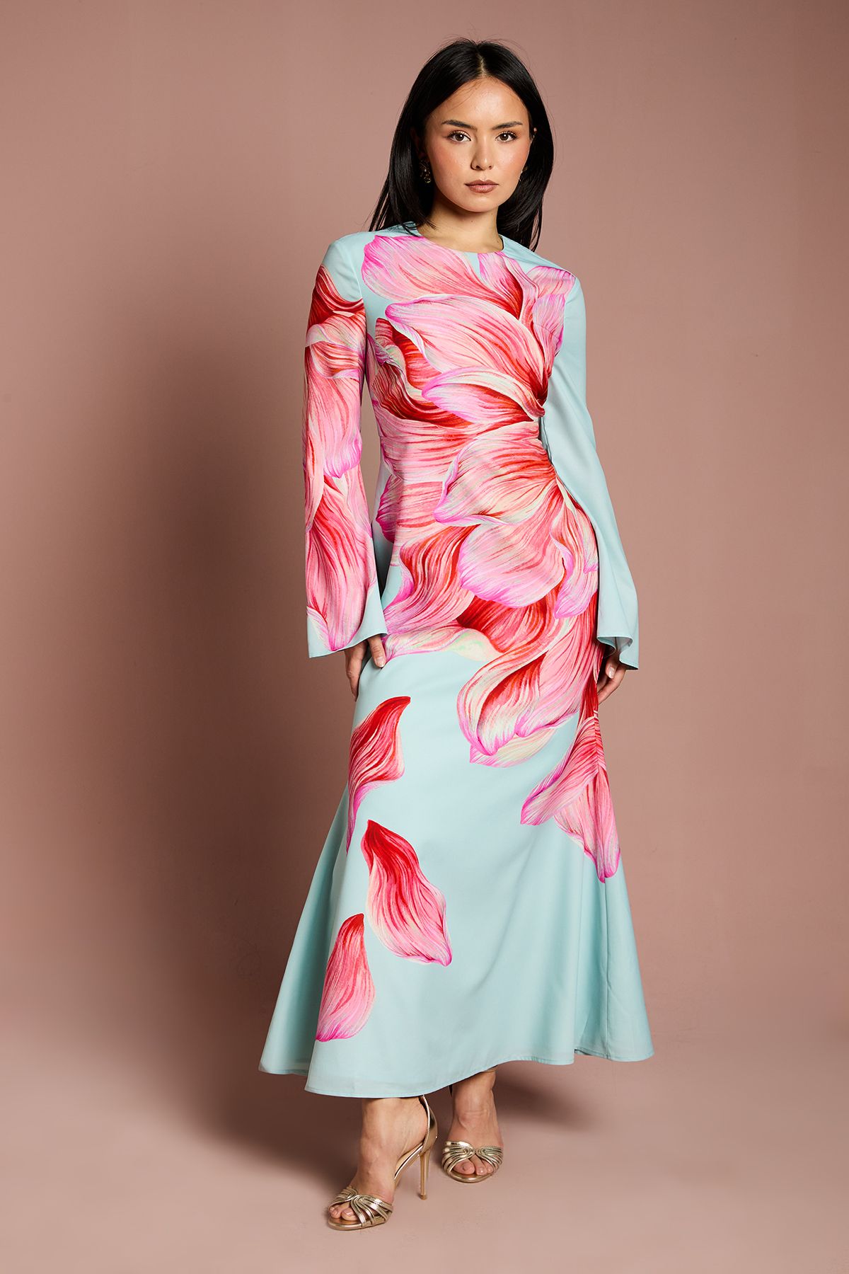 Coast Petite Flare Sleeve High Neck Satin Maxi Dress Blue image 1