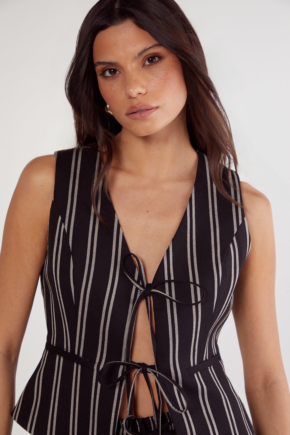 NastyGal (Az) Stripe Tailored Beaded Tie Front Vest Black image 5