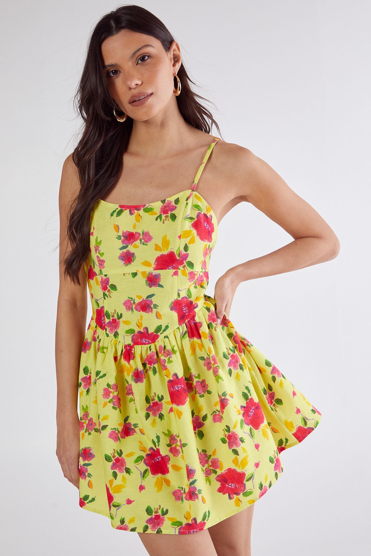 NastyGal Floral Linen Mix Soft Corset Mini Dress Lemon image 3