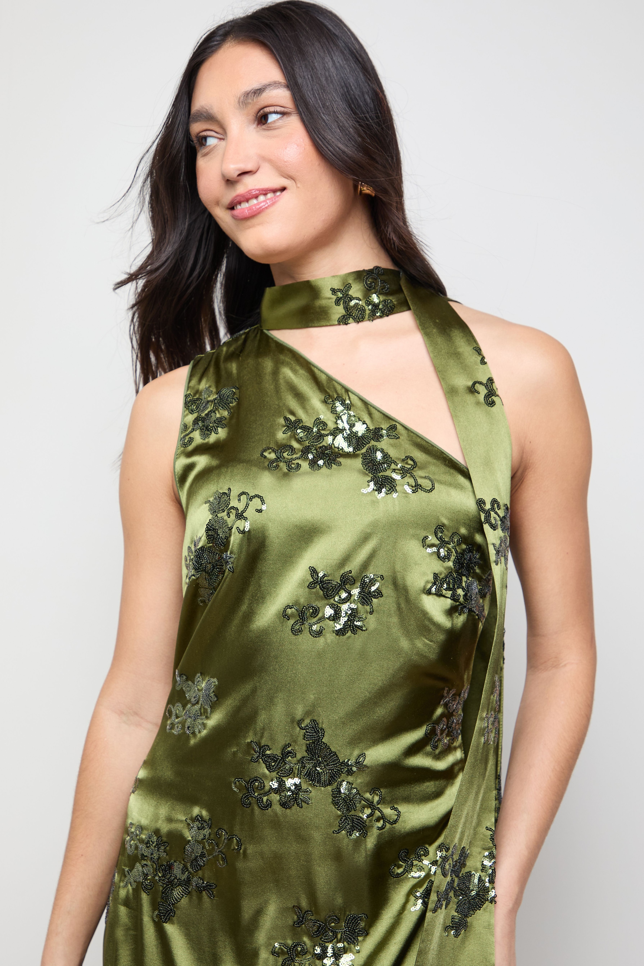 Oasis Sequin Satin Tie Neck Midi Slip Dress Olive image 4