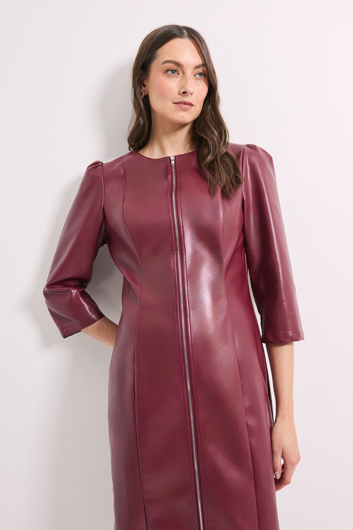 Principles PU Long Sleeve Column Midi Dress Wine image 2
