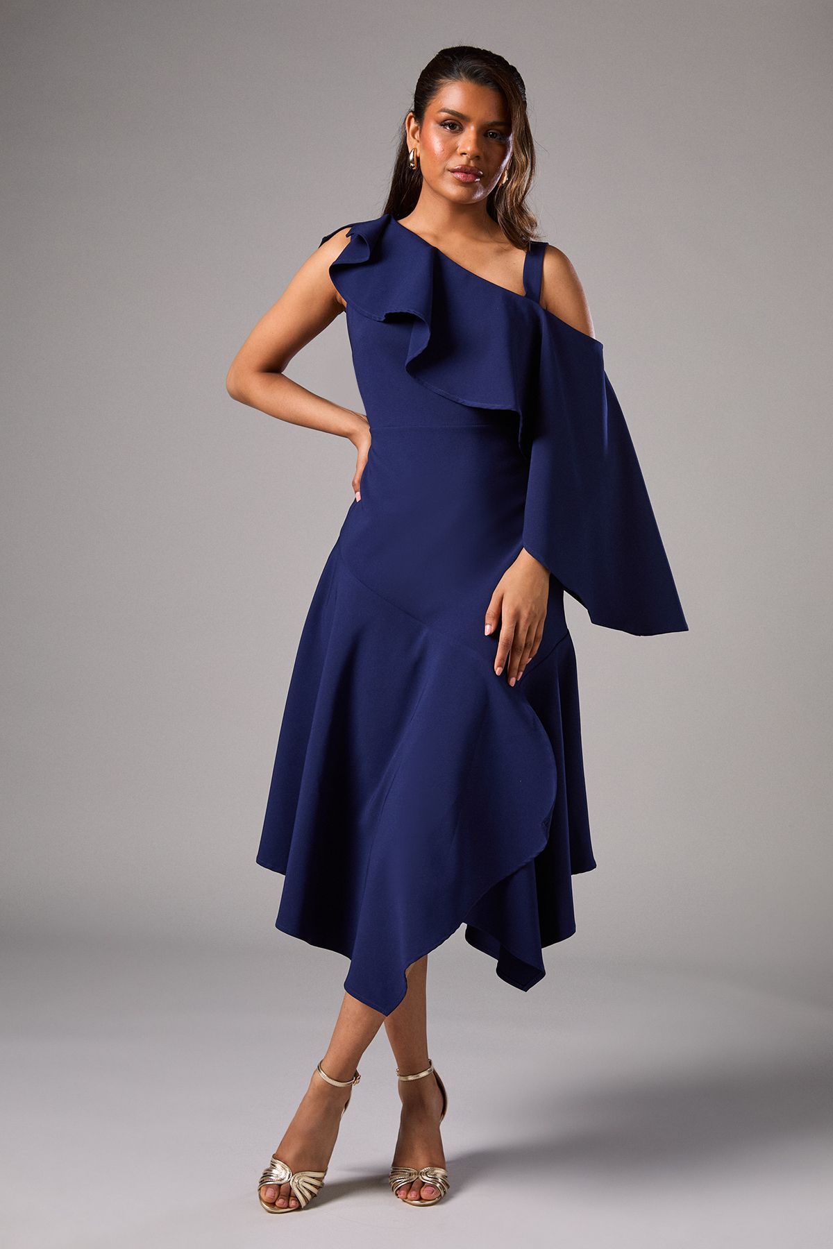 Coast Petite One Shoulder Ruffle Crepe Midi Wedding Guest Dress Navy image 1
