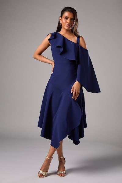 Coast Petite One Shoulder Ruffle Crepe Midi Wedding Guest Dress Navy