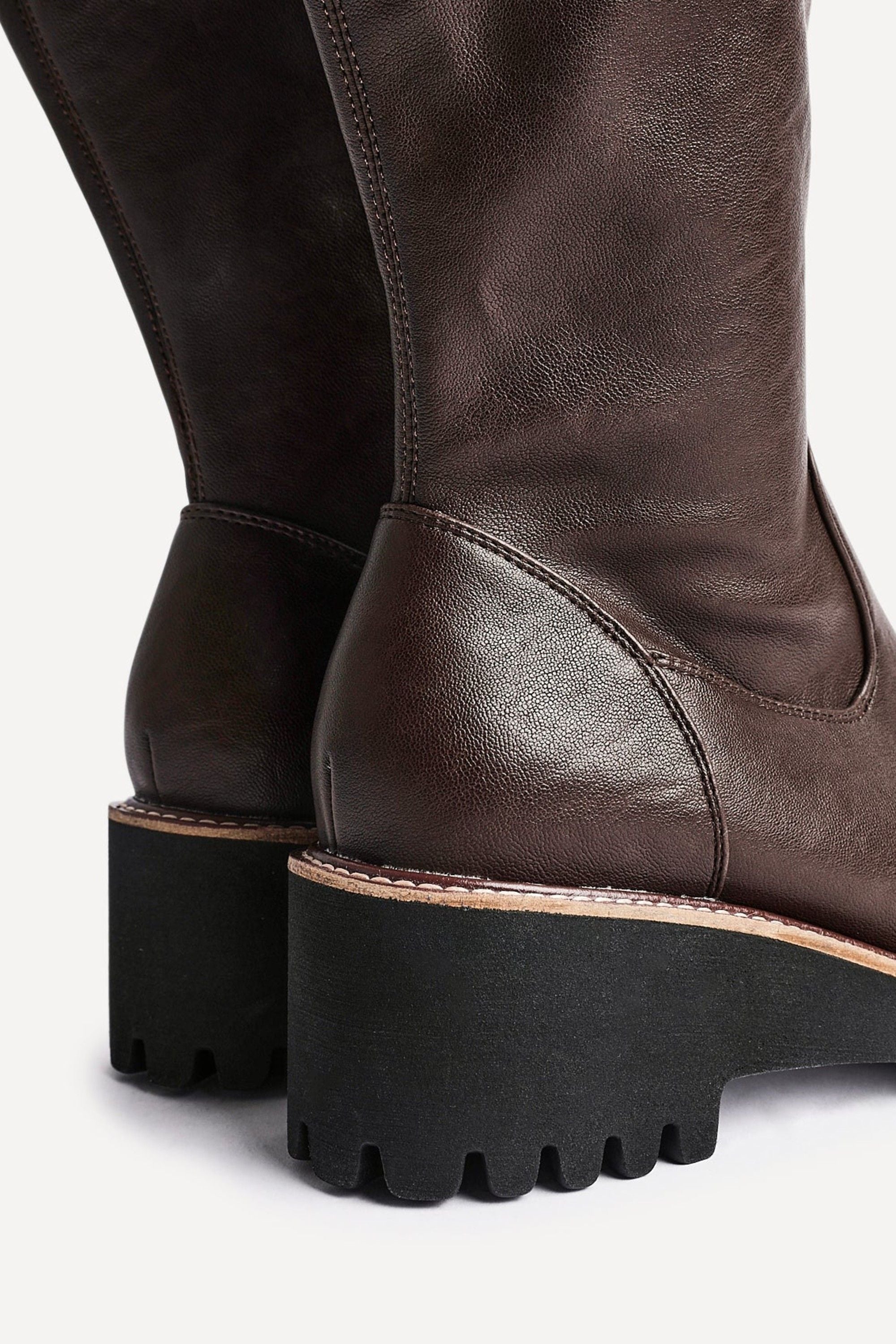 Linzi Maintain Wide Fit Brown Faux Leather Stretch High Leg Wedge Boot image 4