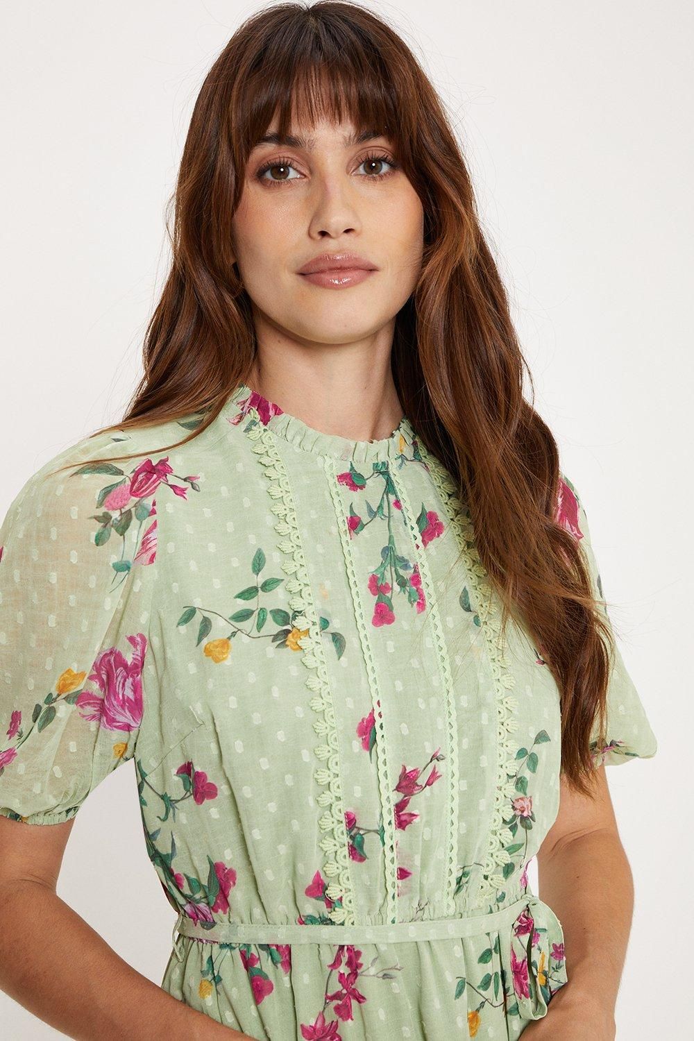 Oasis Lace Trim Floral Chiffon Skater Dress Sage image 5