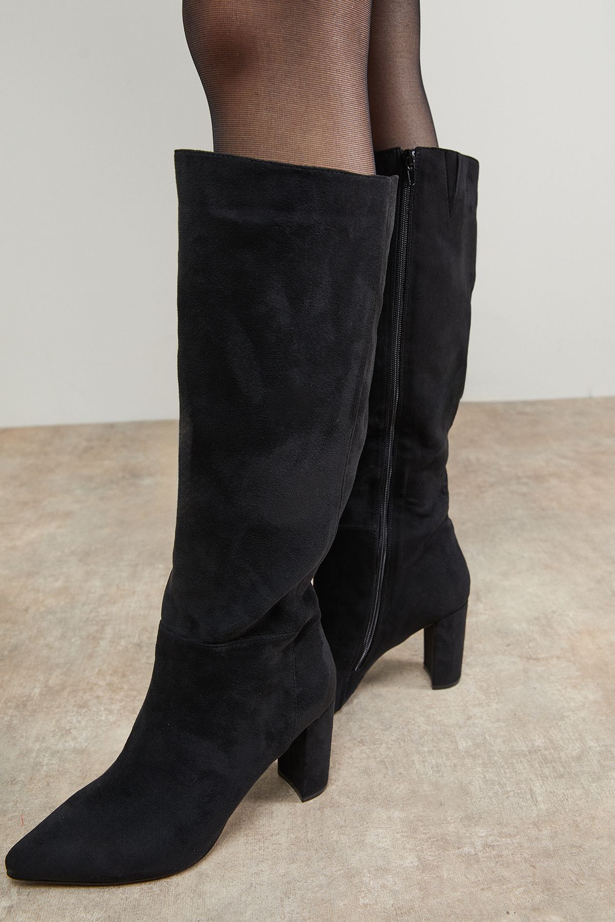 Oasis Kora Faux Suede High Block Heel Pointed Knee Boots Natural Black image 4