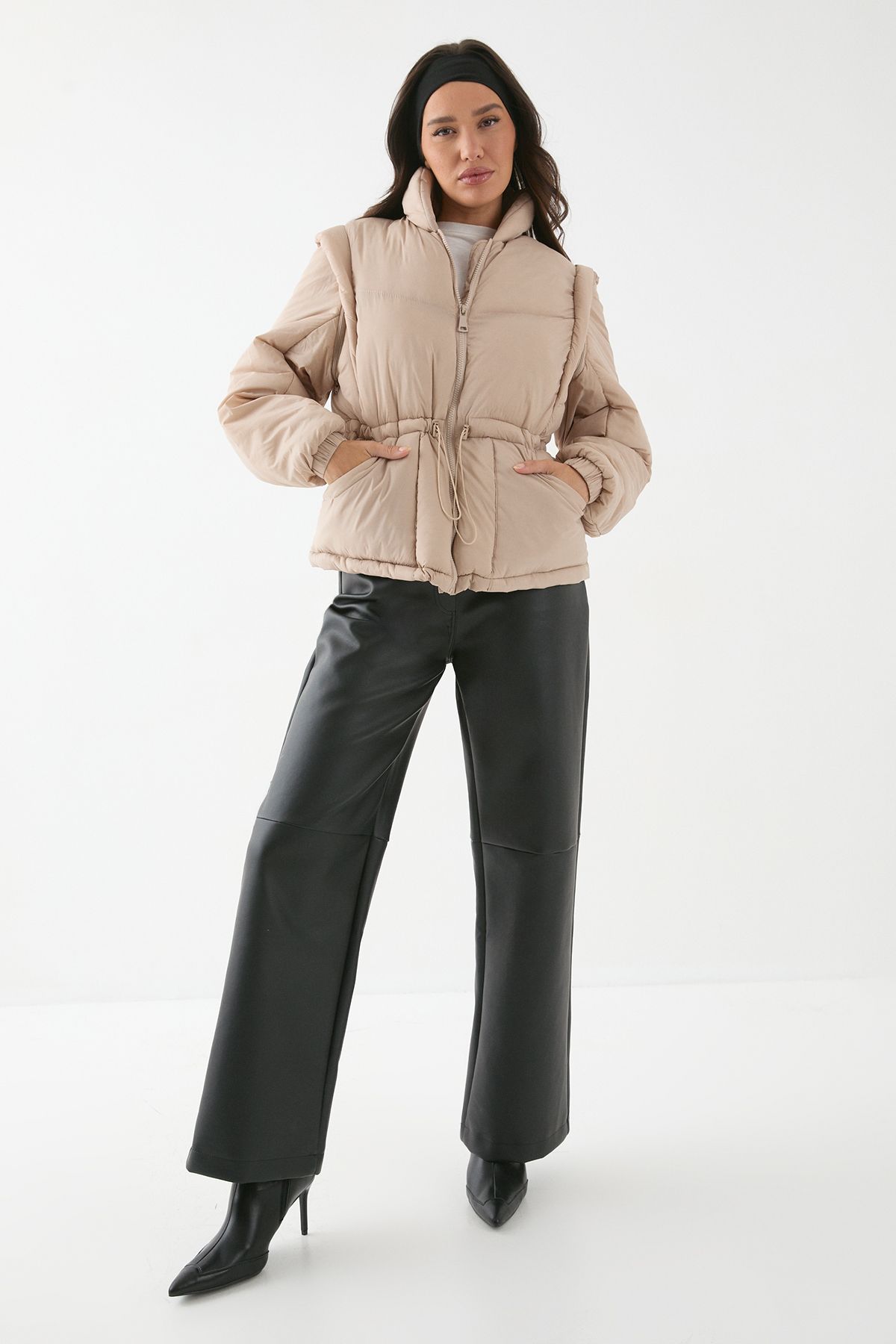 MissPap Detachable Sleeve Two In One Puffer Coat Taupe image 1