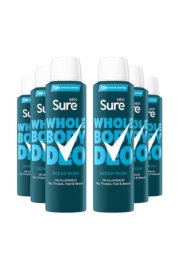 Sure Whole Body 'Deodorant Spray' Ocean Rush w/ 72H Odour Control 150ml,6pk