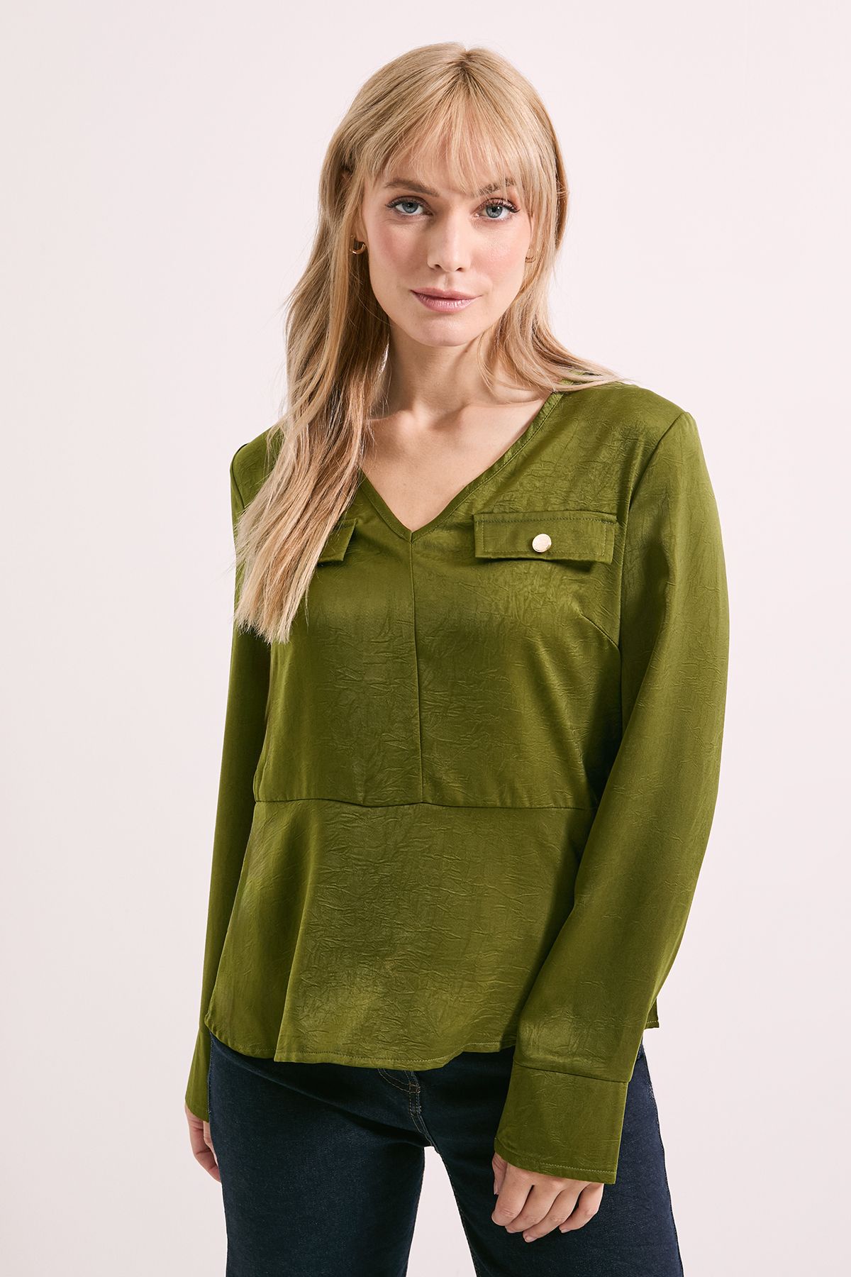 Principles Pocket Detail Satin V Neck Blouse Olive