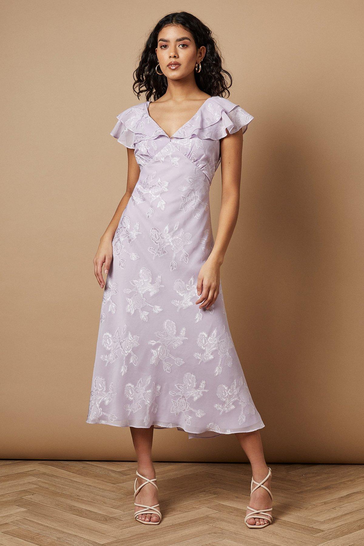 Oasis Petite Plain Satin Burnout Ruffle Midi Dress Lilac image 1