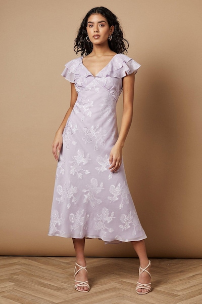 Oasis Petite Plain Satin Burnout Ruffle Midi Dress Lilac