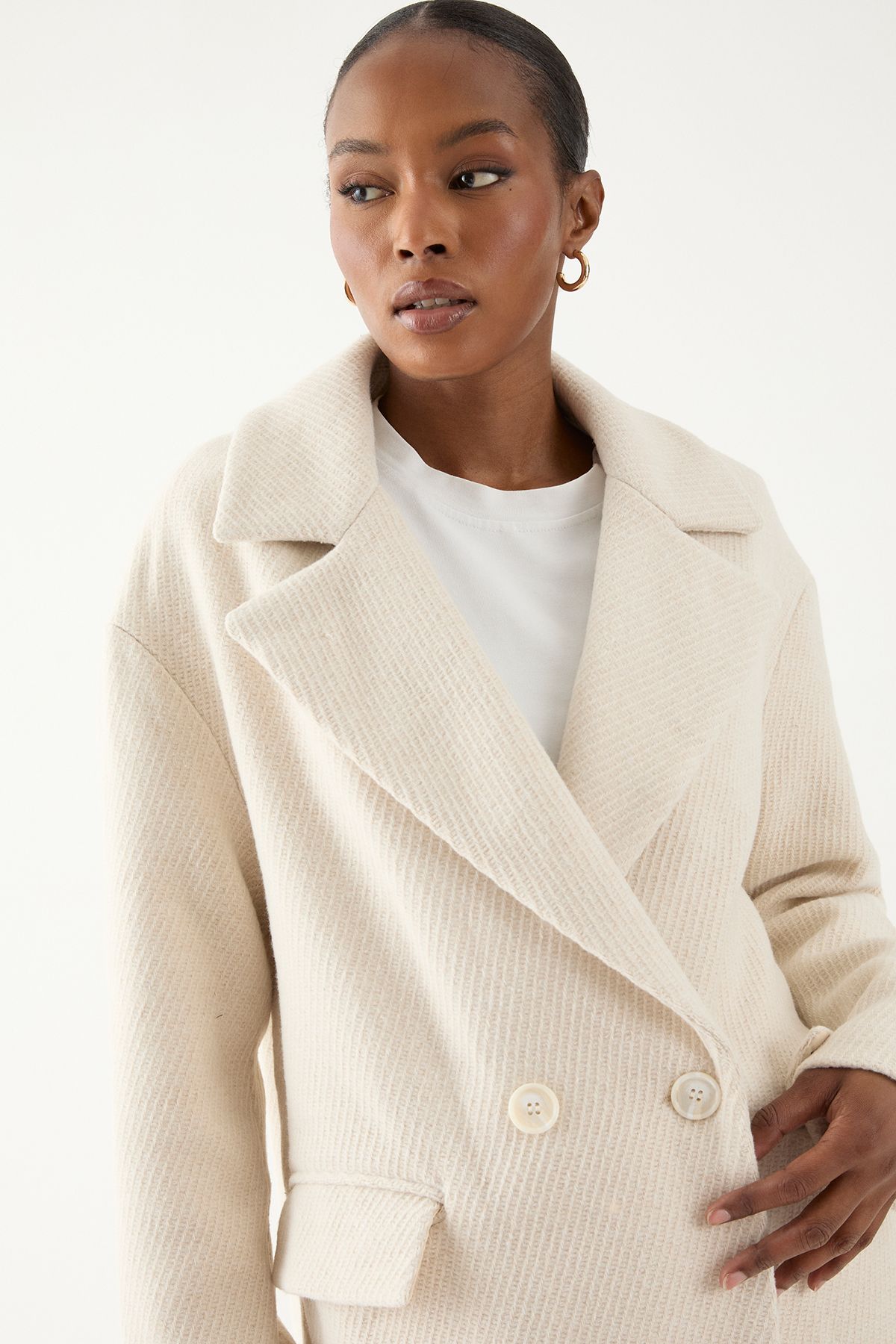 MissPap Wool Look Textured Coat Cream image 3