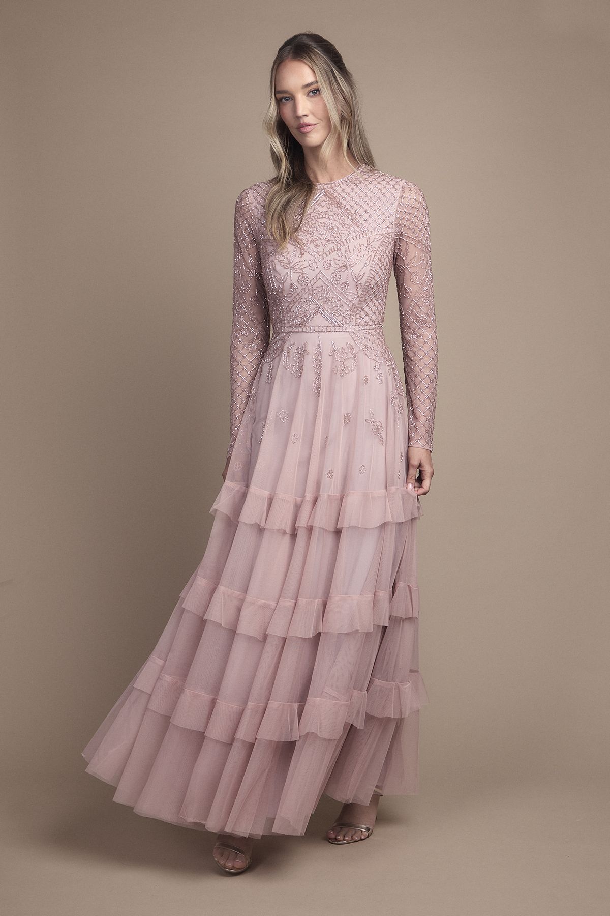 Coast Embellished Artwork Long Sleeve Tiered Bridesmaid Maxi Dress Dusty Rose
