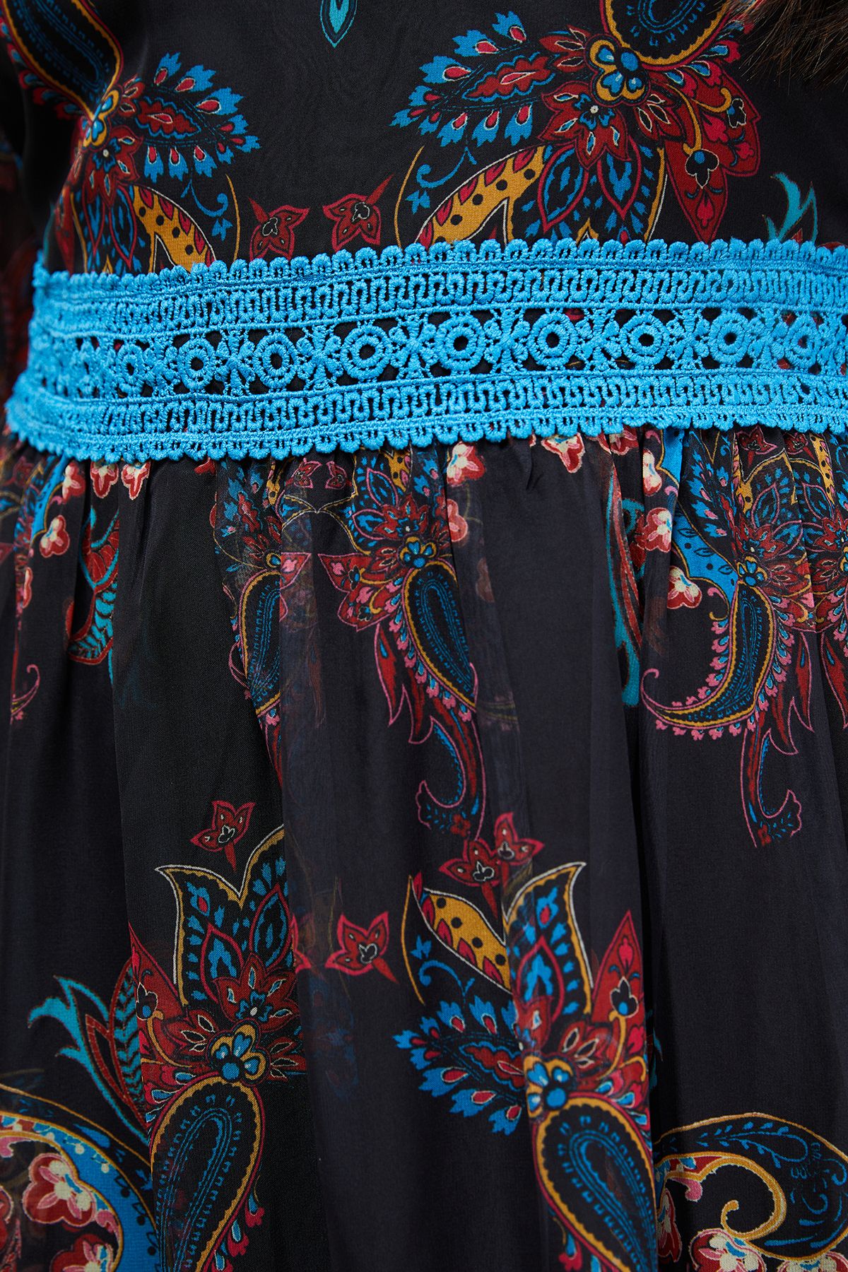 Oasis Placement Print Lace Detail High Neck Maxi Smock Dress Teal image 4