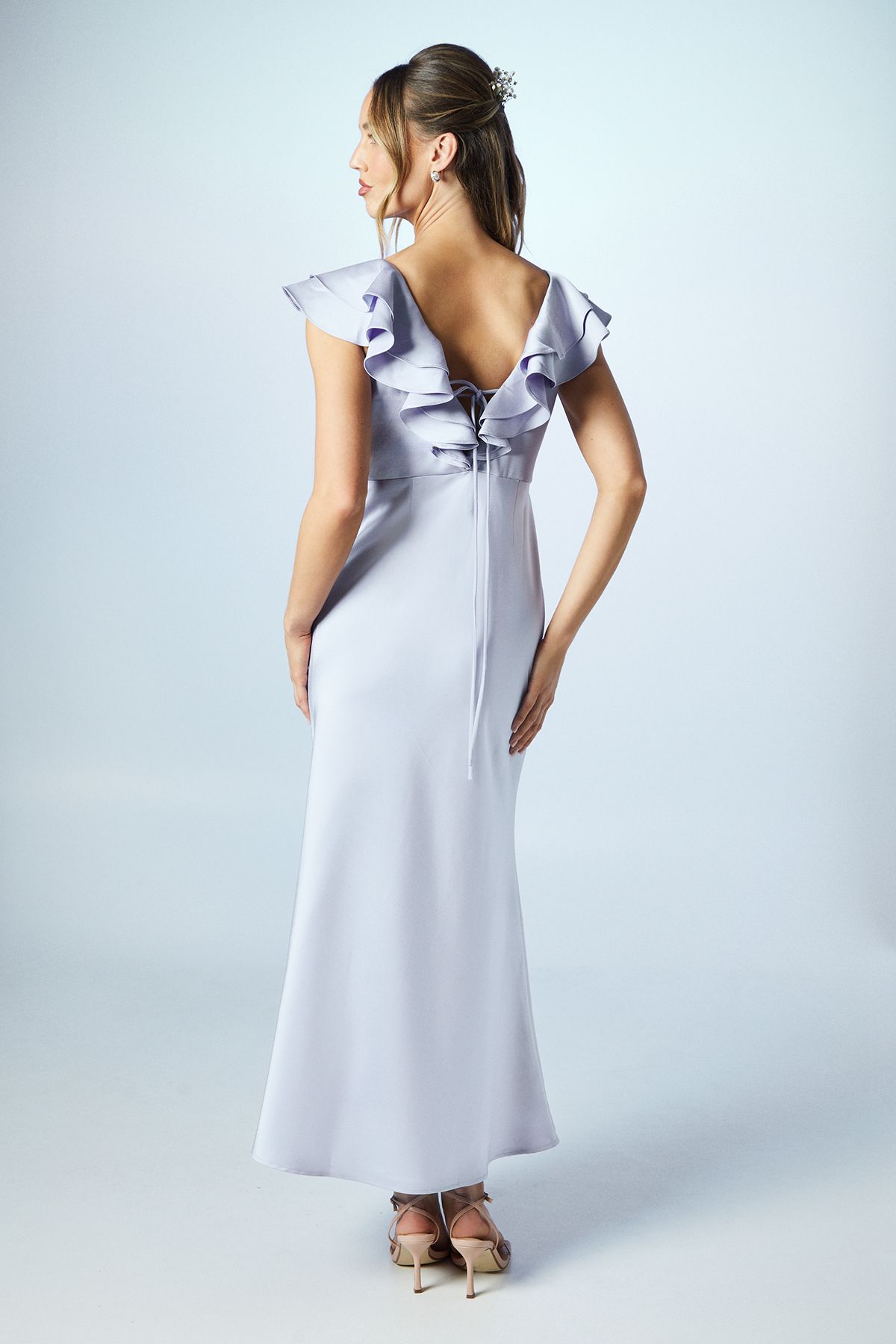 Oasis Petite Ruffle Neckline Satin Maxi Bridesmaid Dress Lavender image 3