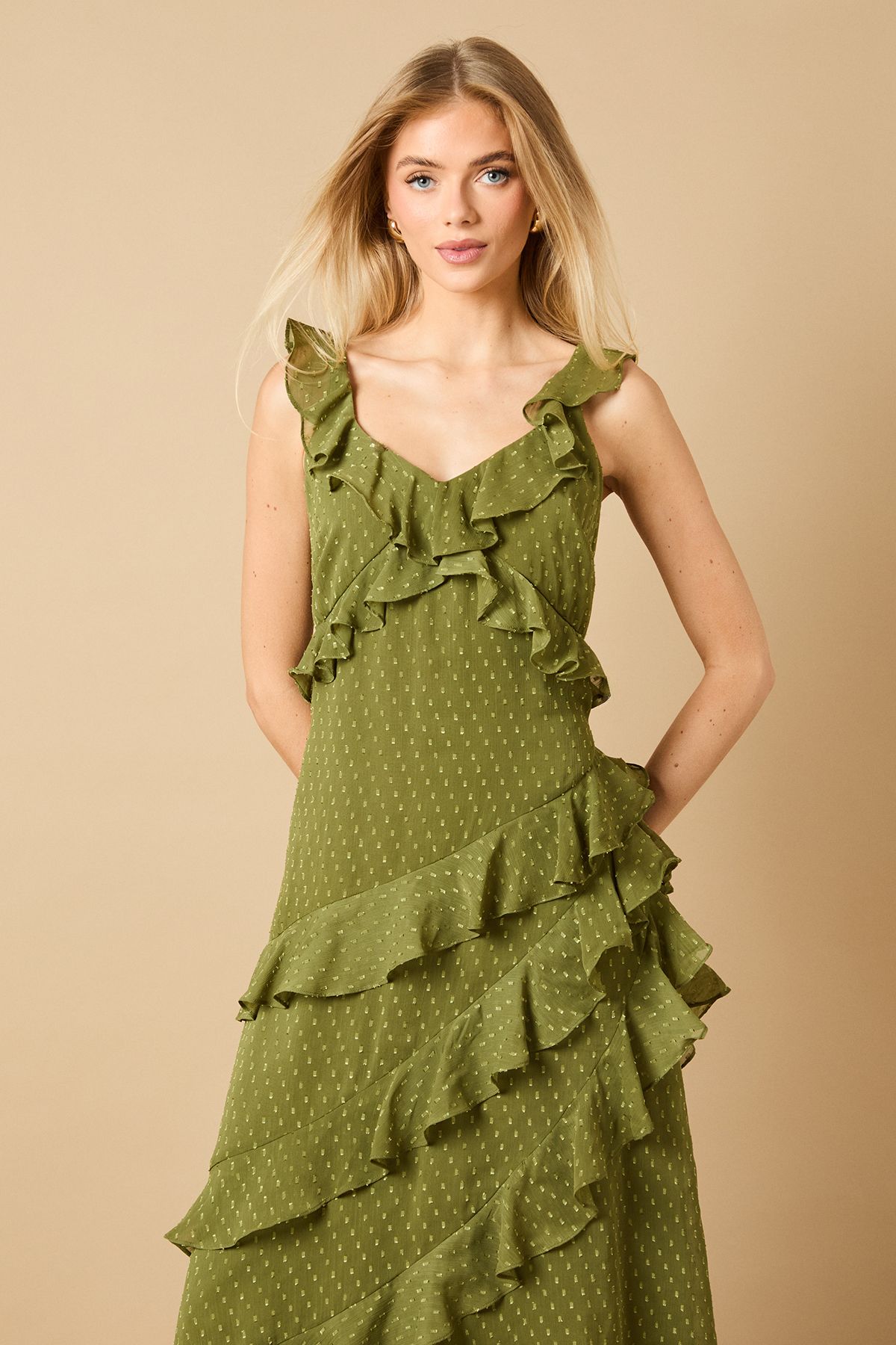 Oasis Dobby Ruffle V Neck Tiered Midi Dress Khaki image 2