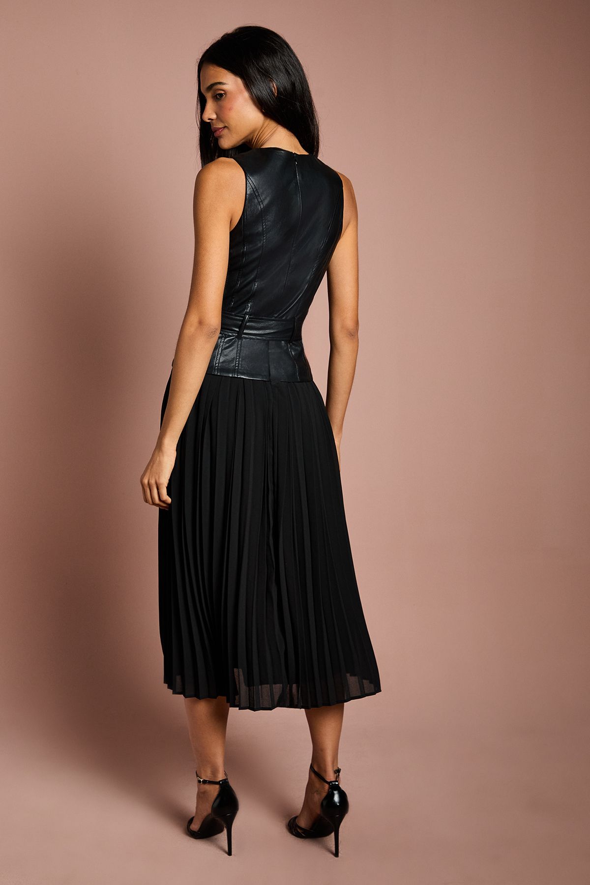 Coast PU Pleated Chiffon Skirt Midi Dress Black image 3