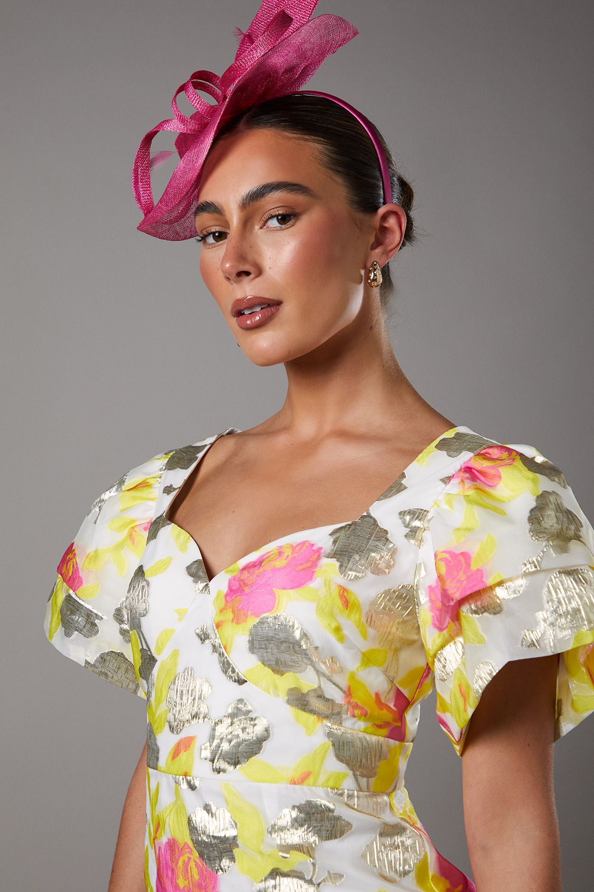 Coast Metallic Jacquard Volume Sleeve Midi Dress Yellow image 2