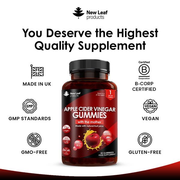New leaf health Apple Cider Vinegar, 30 Vegan Gummies + Vitamin B12 Folate image 4