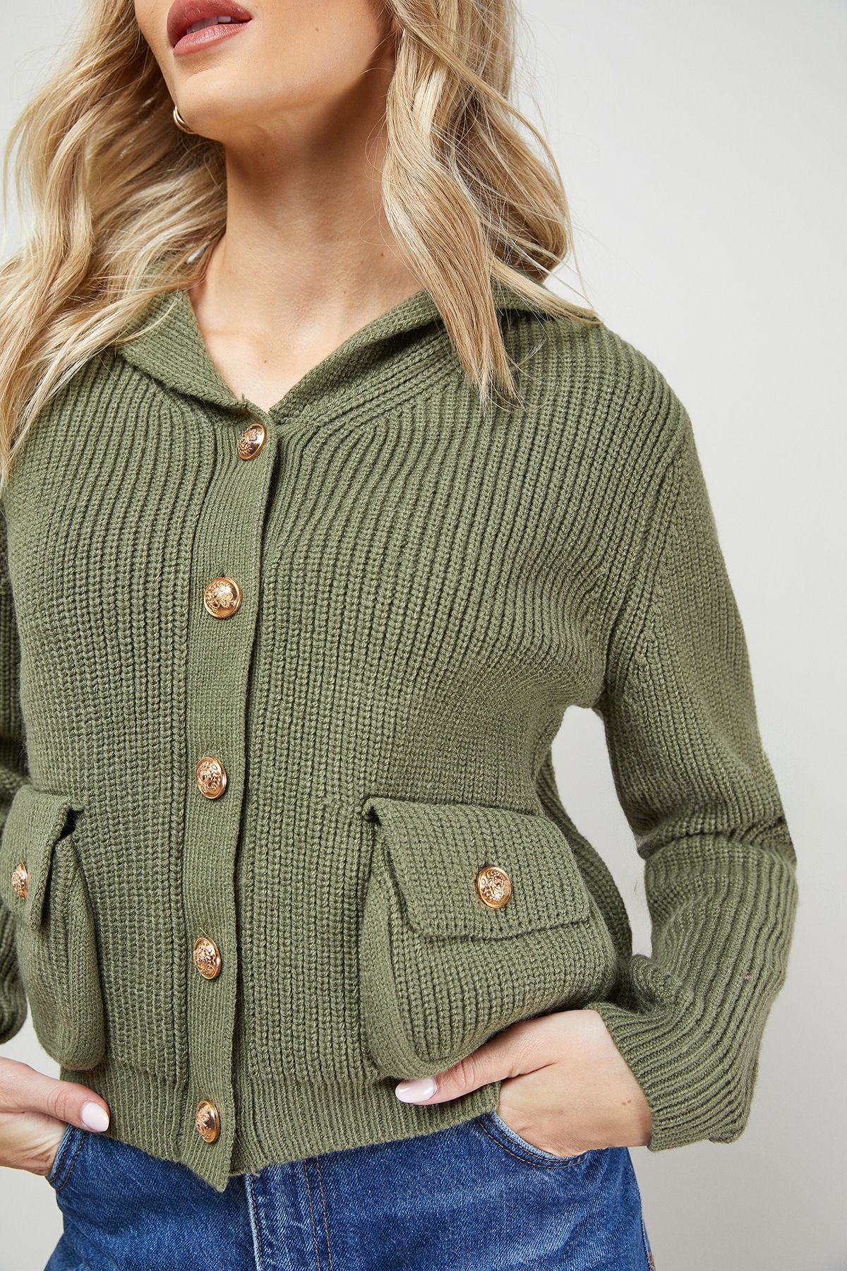 Oasis Hooded Pocket Front Button Down Cardigan Olive image 2