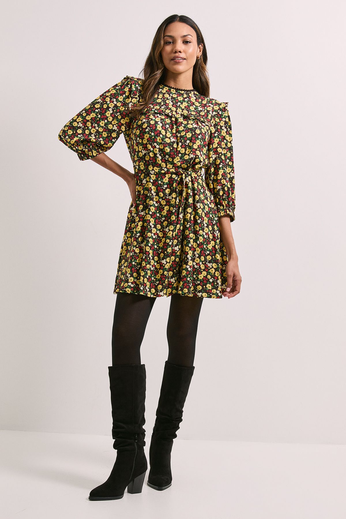 Dorothy Perkins Tie Waist Yoke Frill Detail Printed Belted Mini Dress Blue image 2