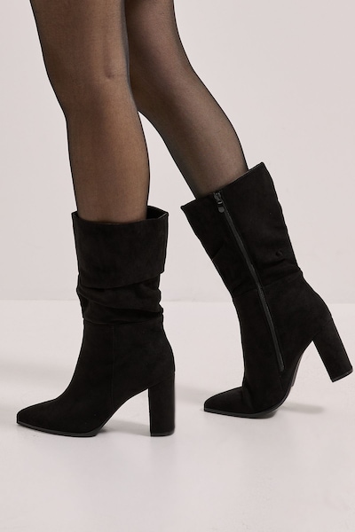 Dorothy Perkins Arina Faux Suede Ruche High Block Heel Calf Boots Natural Black